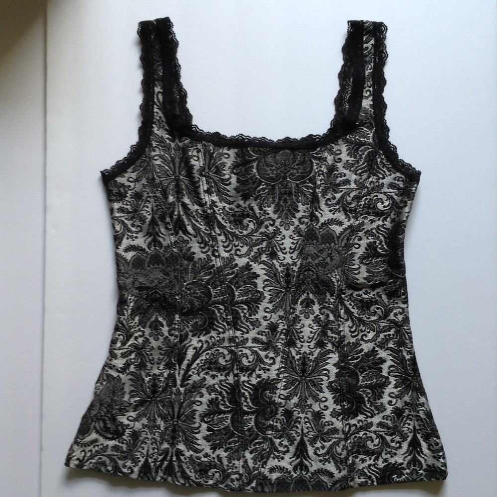 WHBM Black Silver Damask Corset Style Tank Cami